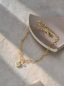 1pc Minimalist Copper Chain Anklet With Embedded Cubic Zirconia - Yellow Gold - View 2
