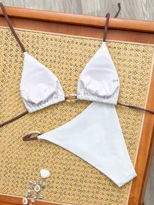 Conjunto de 2 piezas de bikini blanco sólido con triángulo halter y decoración de anillo dorado, talla grande camisa oversize como cubridor, elegante y sexy para playa, fiesta nocturna de verano - Blanco - Ver 9