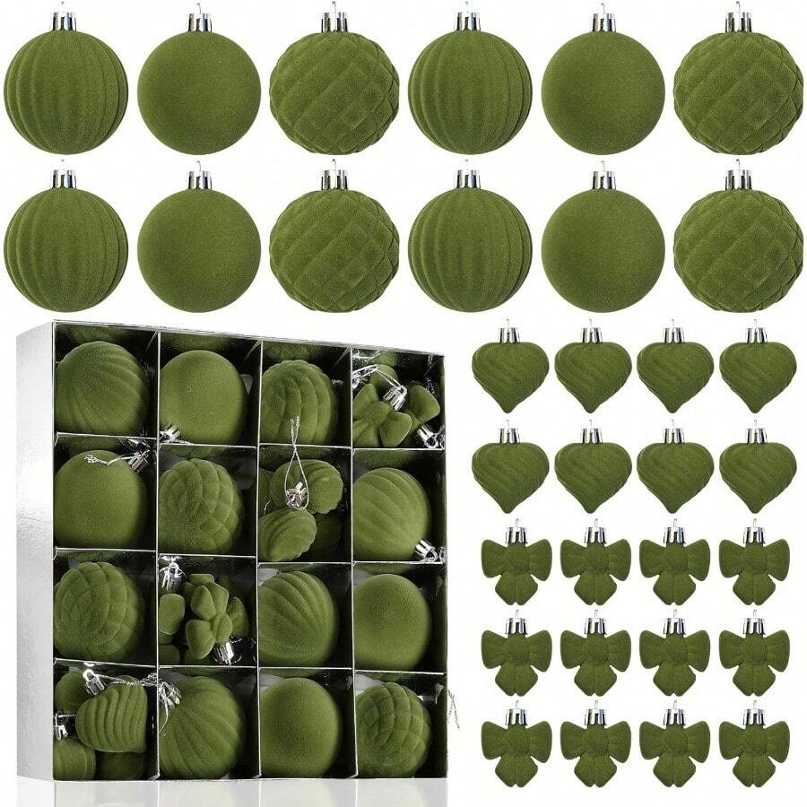 YQQ 32 Piezas Adornos Navideños de Terciopelo Verde Esferas Texturizadas Corazones y Lazos para Árbol de Navidad Decoración Elegante Vintage para Hogar y Fiesta Navideña Verde5735 - verde - Ver 1