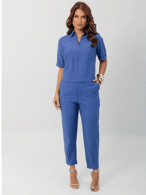 Conjunto Feminino Blusa Gola Camisa E Calça Cenoura