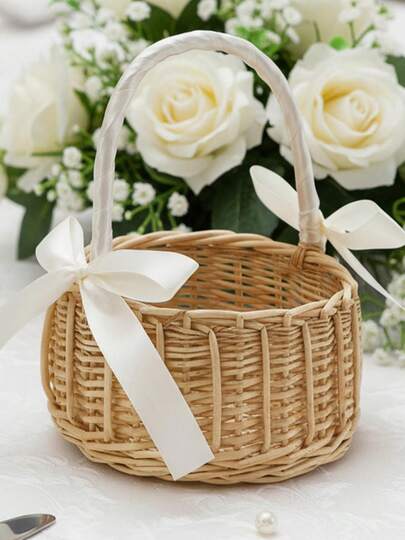 Woven Flower Basket Elegant Rustic Bows Large Capacity Lightweight Portable Basket For Storage