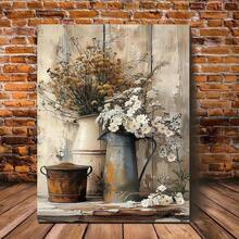 2D Plano, 1 Pieza Arte en Lienzo con Marco de Madera Estilo Country - Grano de Madera Amarillo con Flor de Jazmín Blanca y Regadera Oxidada - Decoración de Pared Encantadora para Sala de Estar o Dormitorio, Agrega Atmósfera Cálida a la Decoración de tu Hogar - Multicolor - Ver 1