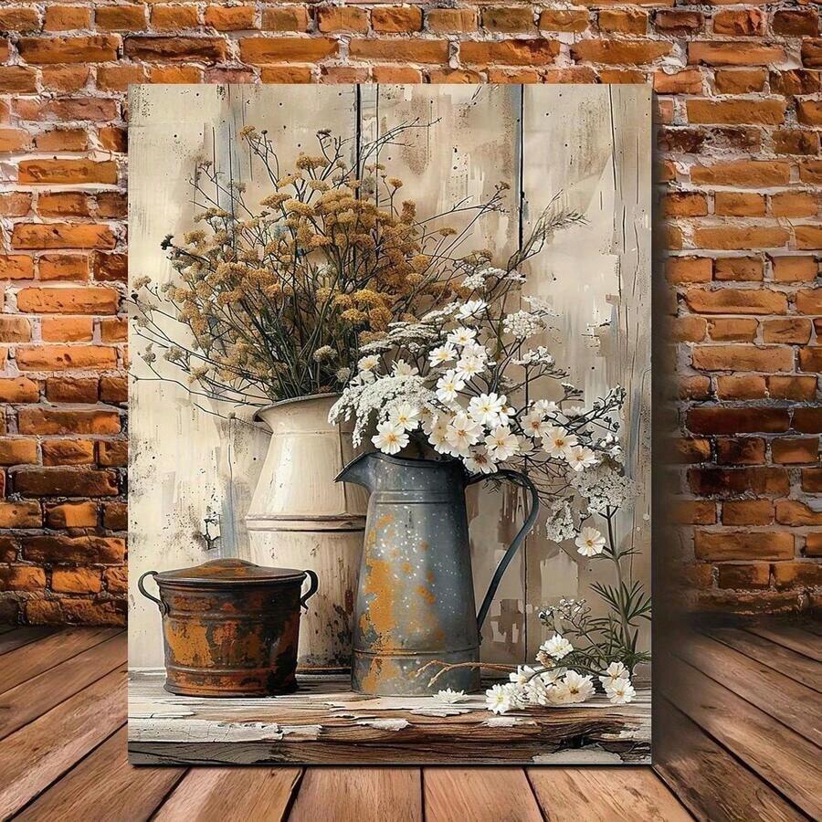 2D Plano, 1 Pieza Arte en Lienzo con Marco de Madera Estilo Country - Grano de Madera Amarillo con Flor de Jazmín Blanca y Regadera Oxidada - Decoración de Pared Encantadora para Sala de Estar o Dormitorio, Agrega Atmósfera Cálida a la Decoración de tu Hogar - Multicolor - Ver 1