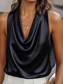 时尚垂褶领黑色缎面上衣 - 黑色 - 查看 3