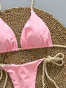 两件套休闲可爱优雅性感波西米亚风花卉系带编织比基尼泳衣，海滩度假，春夏 - 粉色 - 查看 4