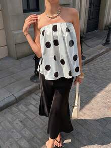 HUACAITA French Niche Polka Dot Bandeau Top, Women's Summer Loose Slimming A-Line Ruffle Open Shoulder Vacation Style Babydoll Shirt, Backless Beach Cropped Sleeveless Blouse - Black and White - View 7