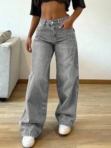 Women's Vintage Loose Stacked Straight Leg Jeans Casual Spring - Light Grey - View 5