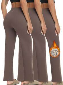 3 Pieces Of Women's Casual Solid Color Drawstring Waist Sports Pants, Women's Solid Color Thermal Insulation Pants, Sports Yoga Pants, Casual Sports Pants, Outdoor Sports Pants, Wide Leg High Waist Side Pocket Casual Pants, Autumn And Winter Daily Casual Graduation And School Clothes, Female Teacher Clothes - 咖啡棕 - 查看 10