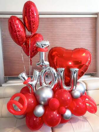 20pcs Silver "I Love You" Balloon Wreath Stand Set, Includes "I Love You" Banner Balloon, Red & Silver Latex Balloons, Magic Balloons, And Heart Shaped Balloons, Suitable For Valentine's Day, Birthday, Wedding, Anniversary, Singles Spa Party, Confession, Scene Atmosphere Decoration, Photo Booth Props, Party Decor