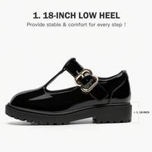 Girls Shoes School Mary Jane Uniform Dress Shoes Kids Loafers T-Strap Flats - 亮皮黑色 - 查看 5