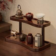 Raft de depozitare pentru blat cu 2 niveluri, culoare nuc, organizator elegant pentru machiaj, parfum și îngrijire a pielii, potrivit pentru baie, bucătărie și birou, cu compartimente de depozitare separate închise - Maro - Vizualizare 4