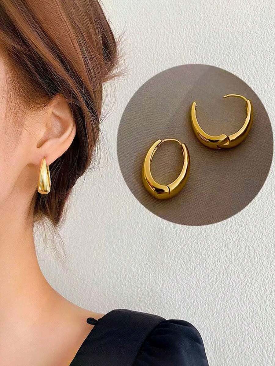 1 Pair Of Women's Solid Color Fashionable Versatile Light Luxury Minimalist Design Geometric Oval Earrings, Suitable For Weddings And Daily Use Valentine's Day Accessories - Gold - View 1