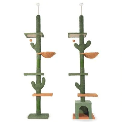 OYAJIA Floor To Ceiling Cat Tree, Height Adjustable (7-9 Ft) Climbing Tower With Thickened Scratching Posts, Cats Activity Center With Cozy Hammock - Green