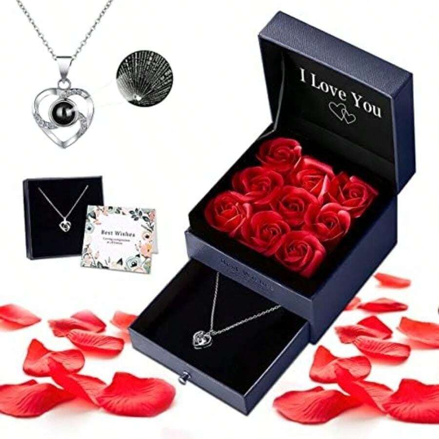 Collar de Rosa Preservada, con I Love You en 100 Idiomas, 9 Flores de Rosas Eternas, Regalo de Día de La Madre, San Valentín, Cumpleaños, Aniversario, Regalo para Mujer, Mamá, Esposa, Novia(default) - Multicolor - Ver 1