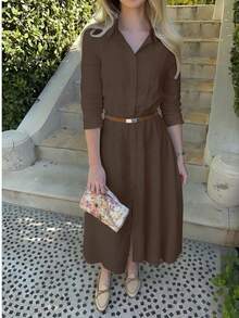 Women's Elegant Shirt Collar Long Sleeve Dress, Suitable For Everyday Wear In Autumn/Winter, Halloween, Ramadan, Christmas - Brown - View 2