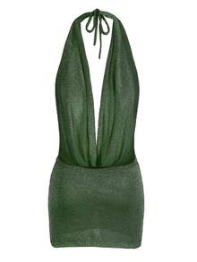 Solid Colour Sexy Stacked V Neck Backless Knit Mini Dress 2025 Women Summer Sleeveless Beach Cover Up Vacation Outfit - màu xanh lá - Xem 5