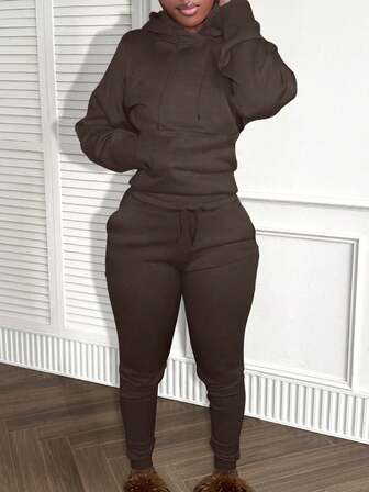 LovelyWholesale Damset med huva, långa ärmar, fickor, enfärgat, vardagskläder, höstvinter, topp och byxor