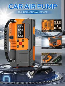 10000mAh High Capacity Car Jump Starter, Car Air Compressor, 2-In-1 Multifunctional Charger, Equipped With 150 PSI Digital Tire Inflator, LED Flashlight, Safety Hammer Design, Sturdy And Durable Structure, Includes Multiple Adapters | Emergency Vehicle Tool | High Visibility Orange | Comes With Storage Case