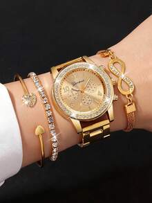 4件套女士玫瑰金不锈钢表带，时尚休闲，经典阿拉伯数字表盘，女士石英表，搭配水钻心形手链首饰套装，适合日常佩戴、装饰、赠送朋友或作为节日礼物。 - 金色 - 查看 5