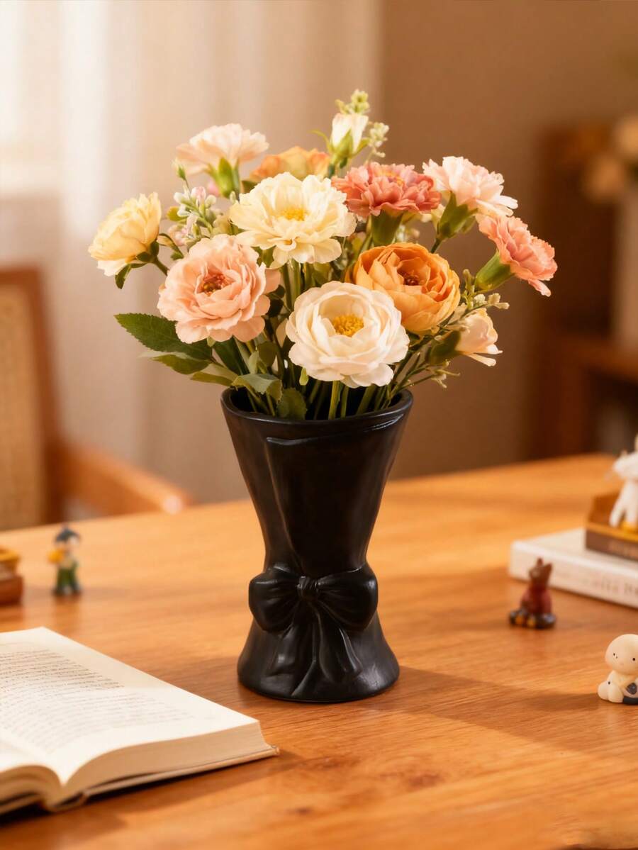 1pc Minimalist Plastic Vase With Bow Decor (White/Black), Ceramic-Look Decorative Vase For Home, Room, Living Room, Entryway, Hotel Decor. Vase In Bow Bouquet Shape, Suitable For Fresh Flowers, Dried Flowers. Nordic, Minimalist Resin Vase Gift For Birthday, Graduation, Back To School, School Supplies - Multicolor - View 1