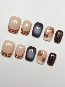 Conjunto de 10 adesivos de unhas minimalistas, elegantes e retrô, com estampa de flores pequenas em tons de marrom tartaruga, pintados à mão, no estilo outono/inverno. - Multicolorido - Ver 1