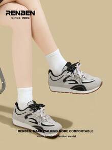 RENBEN Women's Thick Sole Increase Height Casual Sneakers, Leather Upper, Ins Style, Autumn/Winter - Khaki - View 9