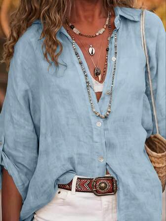 Blusa de mujer casual de lino, de unicolor, con diseño de mangas enrolladas y detalles de botones de manga larga