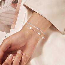 Pulseras Mujer Plata de Perlas, Pulsera de Cadena Ligeros Chapadas en Plata 925 Brazalete Blanco Perlas Delicadas Atractivos regalos de Moda para mujer - 1 - Ver 6