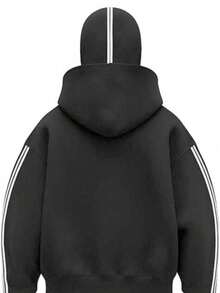Oversized Long-Length Zip-Up Sweatshirt With Balaclava, Side Stripes, Face Covering, Fleece&Warth, Placket&Pocket, For Fall/Autumn&Winter&Spring, For Holiday/School/Office/Home/Daily/Street/Photoshoot/Airport/Travel, Simple/Y2K/Casual/Preppy/Street/Office