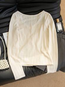 蕾丝拼布二合一短款修身镂空设计上衣 - 杏色 - 查看 5