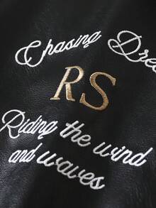 Rich Soon" Embroidered Leather Jacket, Retro American Style Lapel Zipper Jacket, Niche Design High Street Autumn/Winter Top - Black - View 7