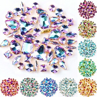 50颗/1包，金色金属底座，彩虹色，混合形状手工缝制水钻玻璃缝纫装饰珠，平底金属底座带孔宝石闪亮水晶DIY配件针线材料缝纫石水钻珠用于装饰衣服、连衣裙、包包、鞋子、胸针、耳环、手工艺品DIY。