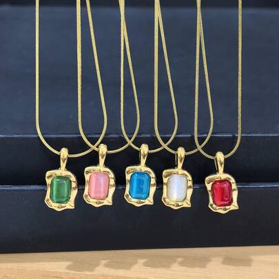 1件不对称方形多色仿猫眼石吊坠，18K镀金不锈钢项链，适合女士日常佩戴