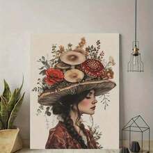 1 Pieza Elegante Marco de Lienzo de Mujer en Forma de Hongo - Arte Botánico Vintage con Adornos Florales y de Hojas, Ella/Él - Decoración de Pared Exquisita para Sala de Estar, Dormitorio, Lado del Sofá, Ambiente Otoñal, Marco de Madera de Pino, Decoración de Hongo para Dormitorio - Multicolor - Ver 4