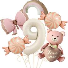 1 Set de decoraciones con globos de aluminio con diseños de oso de peluche, corazón, caramelo, moño y arcoíris para fiesta de cumpleaños, decoración del hogar - Multicolor - Ver 12