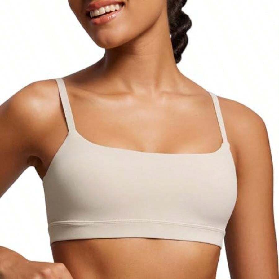 CRZ YOGA Sujetador Deportivo Mujer Butterluxe Ajustable Espagueti Strap con Cuello Redondo Acolchado Yoga(CH Bronceado Mojave) - Multicolor - Ver 1