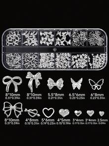 2盒美甲裝飾品，金色金屬鉚釘，鏤空愛心與蝴蝶結設計，月亮、星星，適用於DIY美甲裝飾與珠寶製作，打造日系美甲風格，含無香精美甲鉚釘配件 - 銀色 - 查看 7
