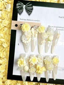 30片随机混合ABS黄色玫瑰软花美甲装饰，3D莲花、山茶花、蝴蝶叶，适合情人节派对，可爱美甲DIY配件 - 黃色 - 查看 2