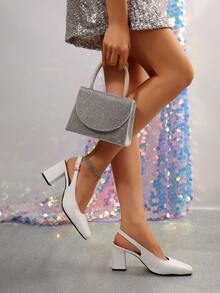 FVPFVP 2025夏季新款巴黎时尚白色鳄鱼纹方头高跟凉鞋，女款，粗跟，包头，系带 - 白色 - 查看 3