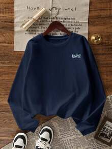 Women's Petite Hamburger & English Letter Print Long Sleeve T-Shirt, Round Neck, Versatile, Autumn/Winterlatest Fashion - 藏蓝色 - 查看 5