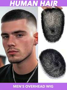 1件男士真人发短寸头假发 - 15x20厘米，自然黑色透明PU材质，有效遮盖稀疏头发，带夹子，快速佩戴，隐形假发，适合所有男士，解决脱发问题 | 自然外观 | 柔韧PU材质