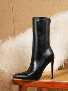 性感时尚尖头细高跟中筒靴，女士秋冬款 - 黑色 - 查看 6