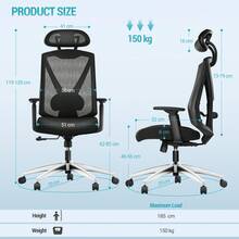 HaluPeit Ergonomischer Bürostuhl, Computerstuhl, Drehstuhl hat Verstellbarer Lordosenstütze, Kopfstütze und Armlehne, Höhenverstellung, Rückenschonend, Maximale Belastung 150 kg, Schwarz - Schwarz - Übersicht 7
