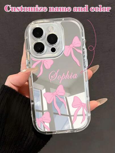 1pc Customized Cute Bow Design Phone Case, Customizable Color, Signature Slogan, Transparent Thick Full Coverage Reflective Phone Case, Compatible With Apple 11 12 13 14 15 16 17 Pro Max
