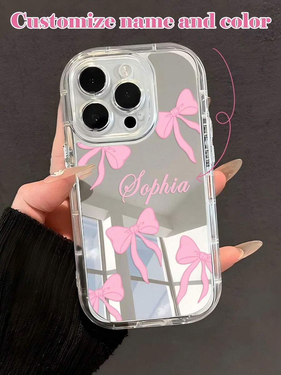 1pc Customized Cute Bow Design Phone Case, Customizable Color, Signature Slogan, Transparent Thick Full Coverage Reflective Phone Case, Compatible With Apple 11 12 13 14 15 16 17 Pro Max - Multicolor - View 1