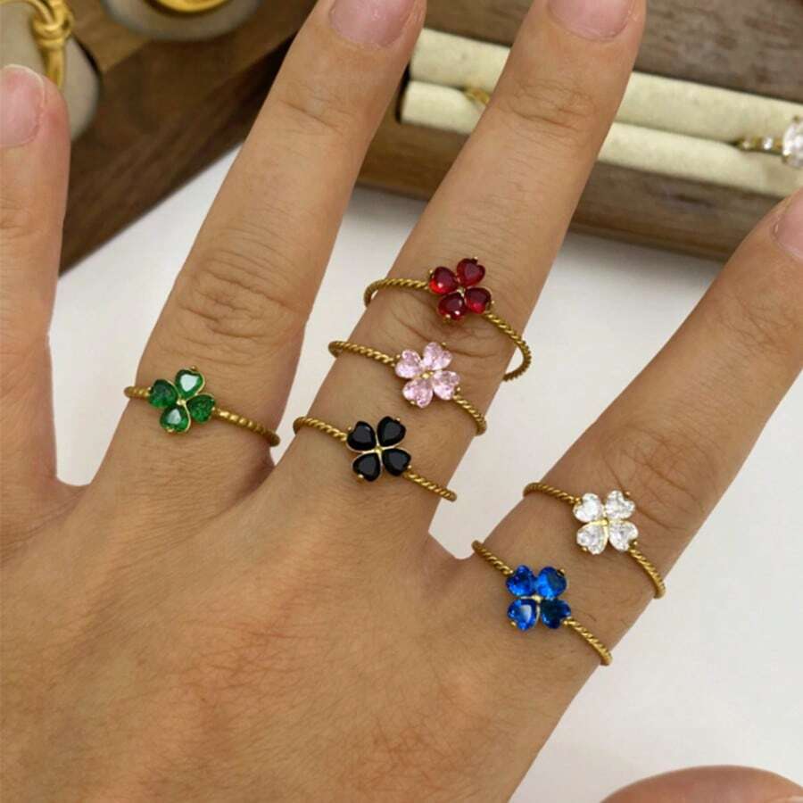 Elegant Multicolor Four-Leaf Clover Ring, Stainless Steel Open Ring For Women, Suitable For Daily Wear, Party Stacking, And Wonderful Jewelry Gift - Four Leaf Clover - View 1