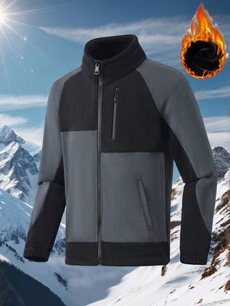 男士户外运动夹克，保暖内衬，休闲套头衫，撞色设计，泰迪绒面料，全拉链，经典柔软针织开衫外套，带大口袋、抽绳腰带和厚绒内衬，冬季外套，街头风，滑雪服