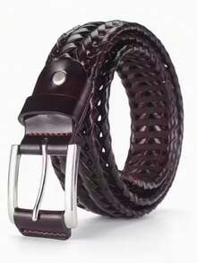 Wide Braided Belt, Genuine Leather, Unisex, With Iron Alloy Buckle - 咖啡棕 - 查看 1