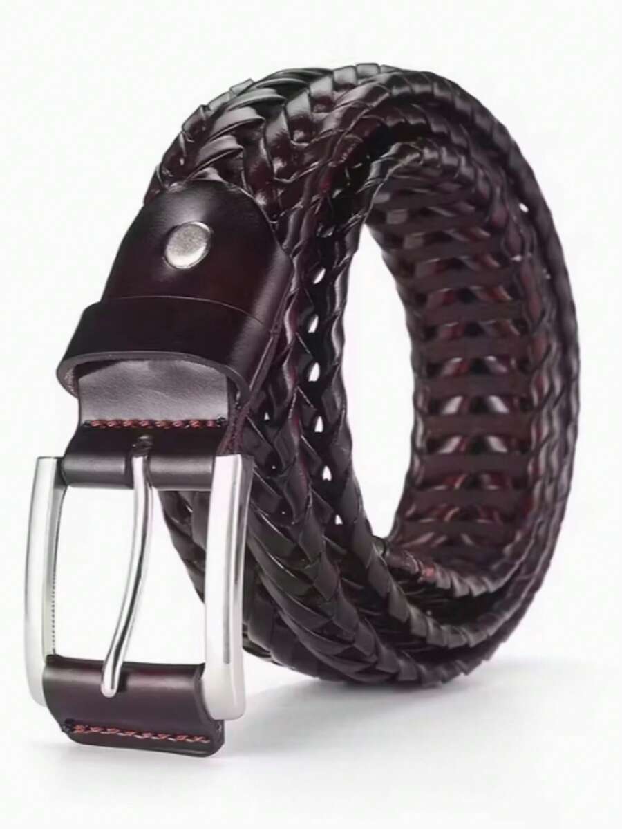 Wide Braided Belt, Genuine Leather, Unisex, With Iron Alloy Buckle - 咖啡棕 - 查看 1
