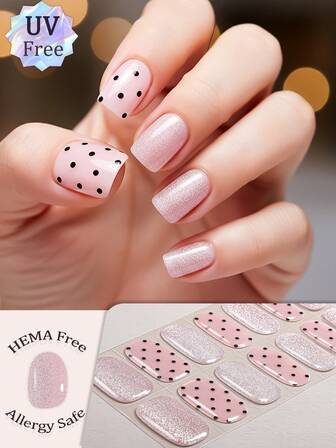 16 Tips UV Free Gel Nail Wraps, Daily Versatile Pink Glitter Polka Dot Crystal Nail Art Stickers, Sweet Pink Polka Dot Fine Glitter Design, Salon Quality, Hypoallergenic Easy To Apply And Remove, Suitable For Ladies And Girls Daily Dating Party DIY Nail Art Supplies